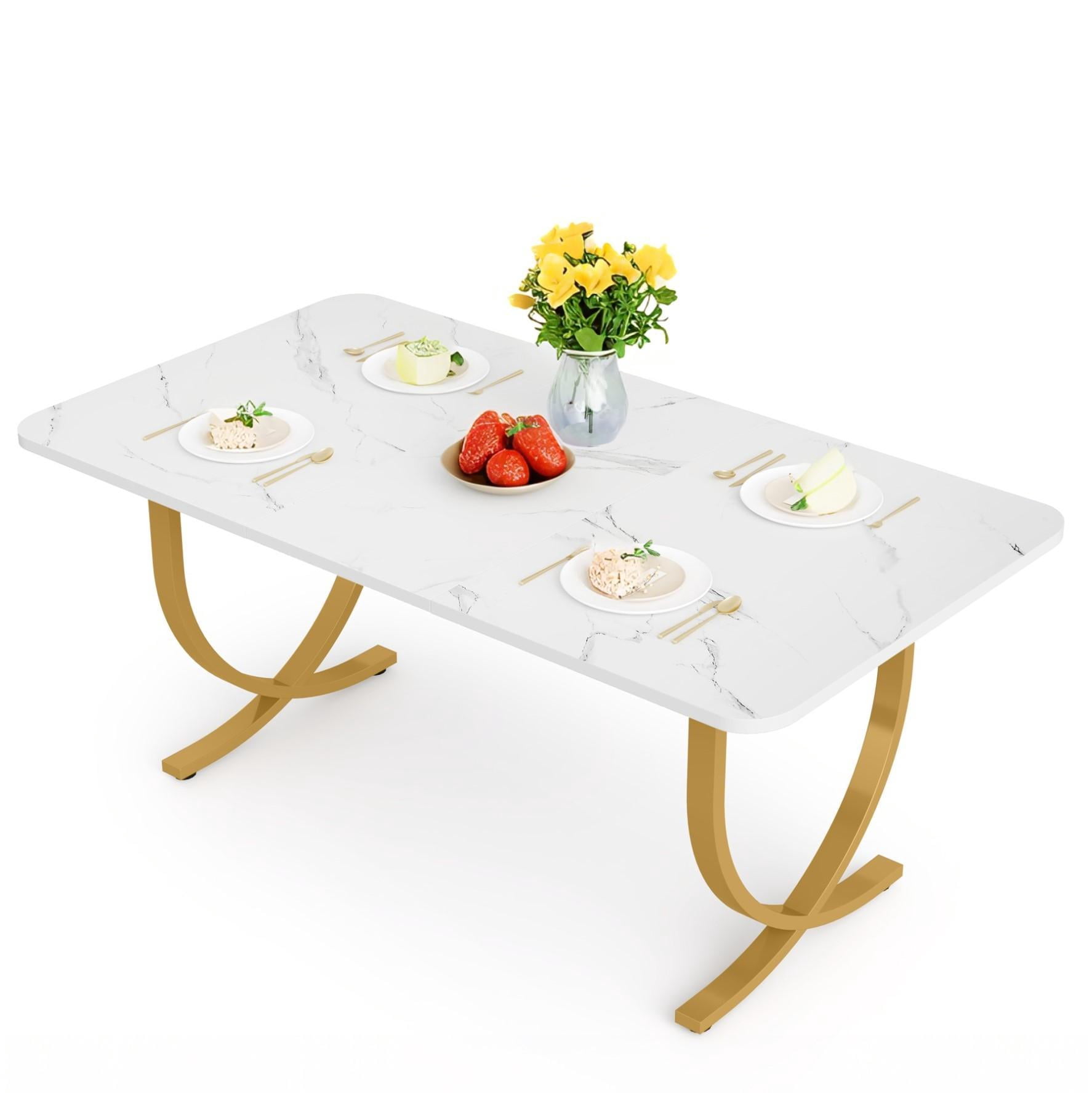Fnova 63" Modern Long Dining Table for 6 people, Rectangular Faux Marble Kitchen Table with Metal Legsfor Dining Room, White Gold