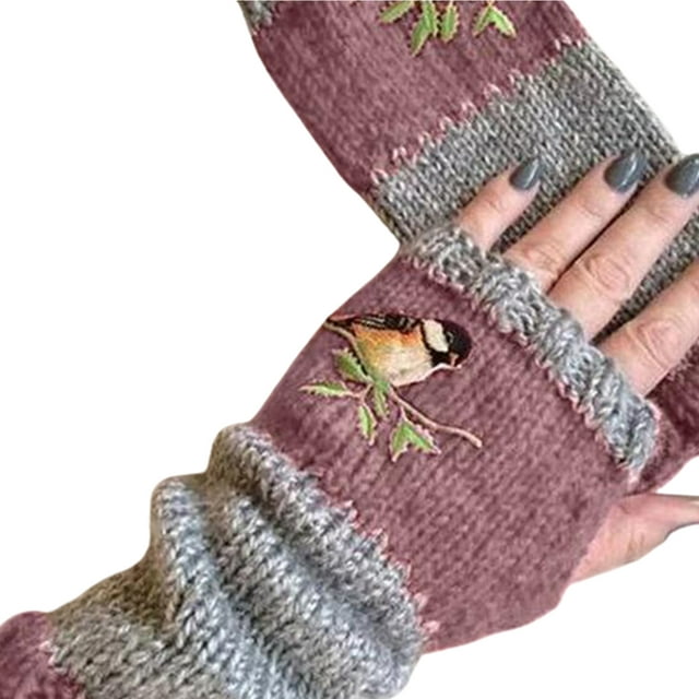 Opolski Women Autumn Winter Bird Embroidered Gloves Knit Fingerless Color Block Mitten