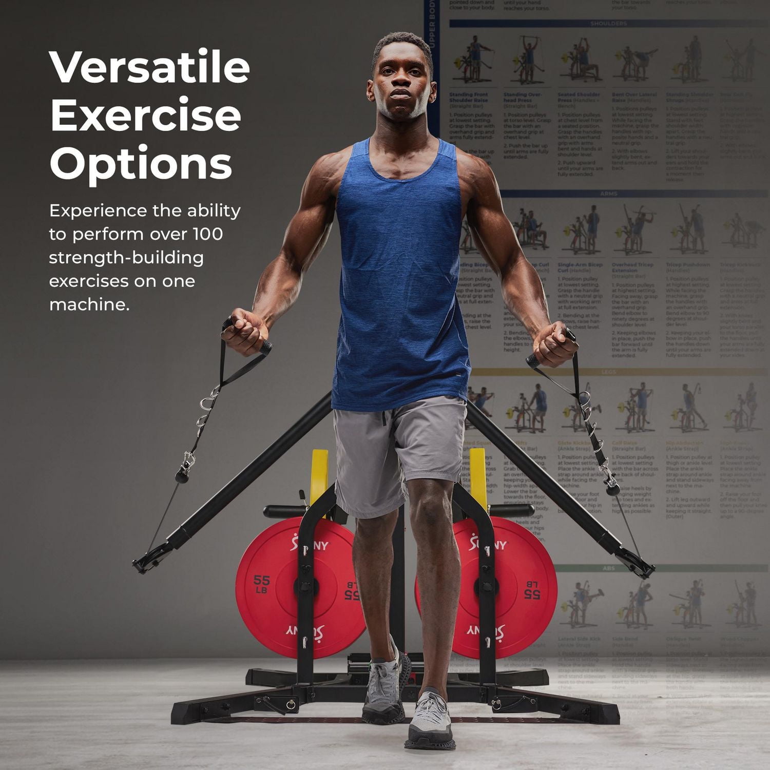 Sunny Health & Fitness Multifunctional All in One Pully Cable Home Gym – Complete Functional Trainer Compact Workout System SF-HG92401