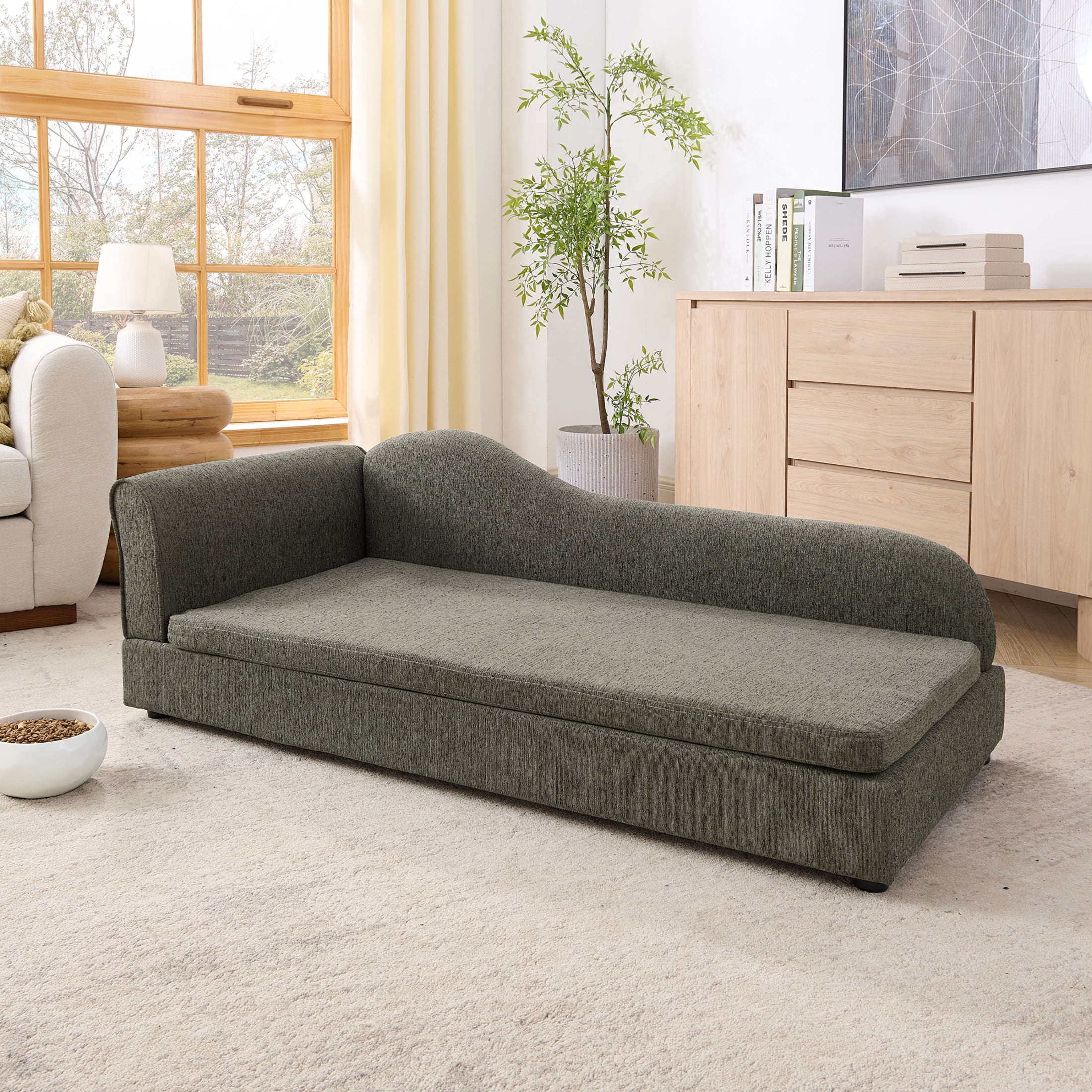 Noble House 55" Linen Upholstered Oversized Pet Sofa, Irregular Wave Backrest Dog Bed with Single Armrest, Dark Gray