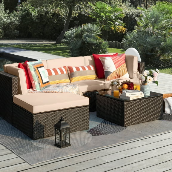 Vineego 5 Pieces Outdoor Patio Furniture Sets Wicker Sectional Sofa PE Rattan Conversation Sets, Beige