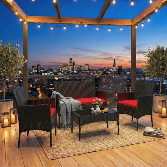 Tappio 4 Piece Patio Conversation Wicker Furniture Set, Porch Furniture Outdoor Sectional Furniture Set w/Coffee Table & Cushions Wicker Sofa Garden Conversation Set for Yard Pool Backyard, Black/Red