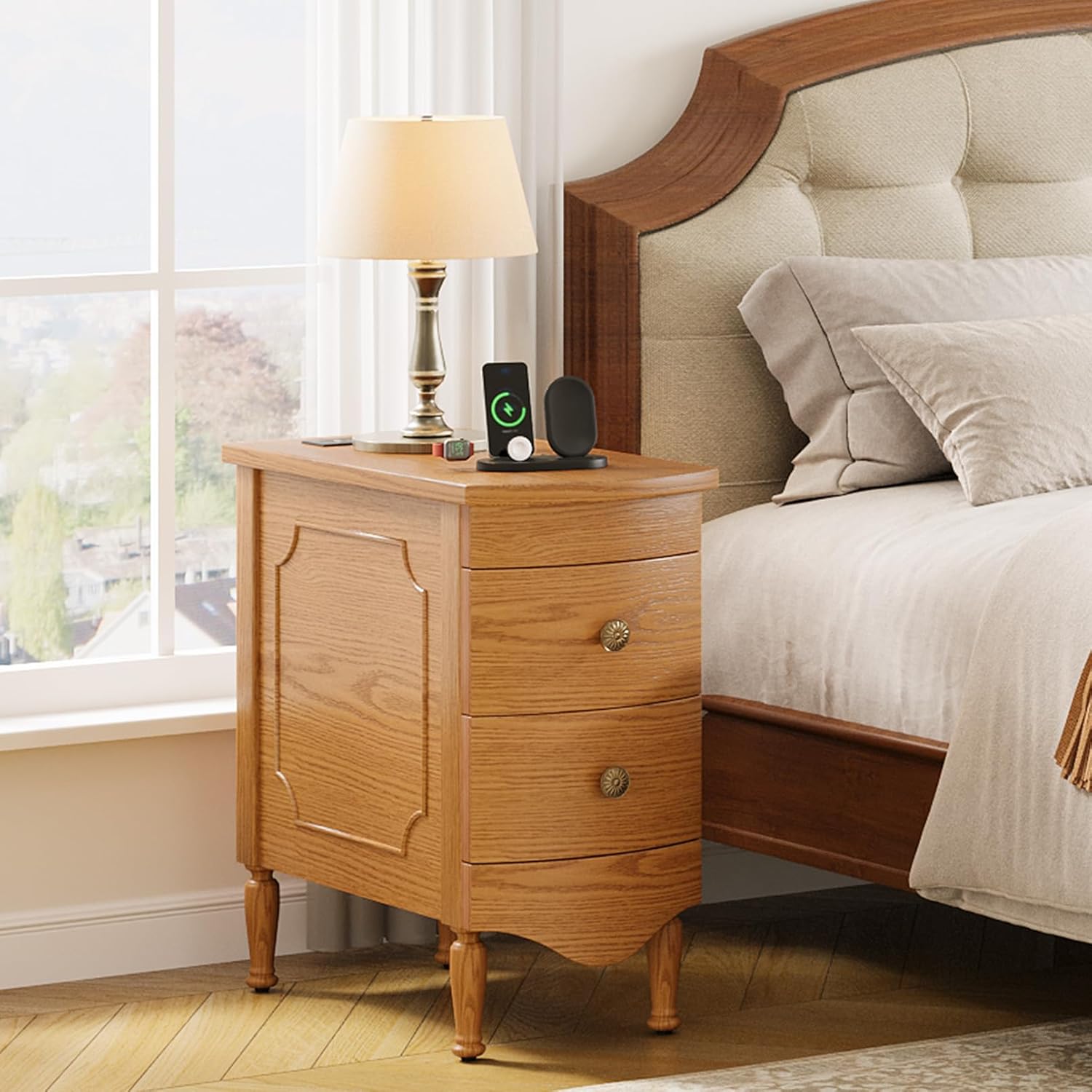 Vividwood Wood End Table with Charging Station, Narrow Side Table with 2 Drawers and Solid Wood Feet, Light Walnut