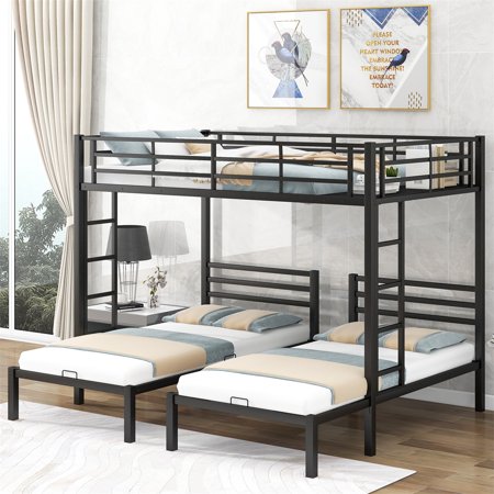 Metal Triple Bunk Bed Built-in Shelf  Full Over Twin&Twin Size 3 in 1 Design Bunk Bed Frame with Full-Length Guardrail  Ladder and Heavy Duty Strong Slats Support for Kids Teens Girls and Boys Black