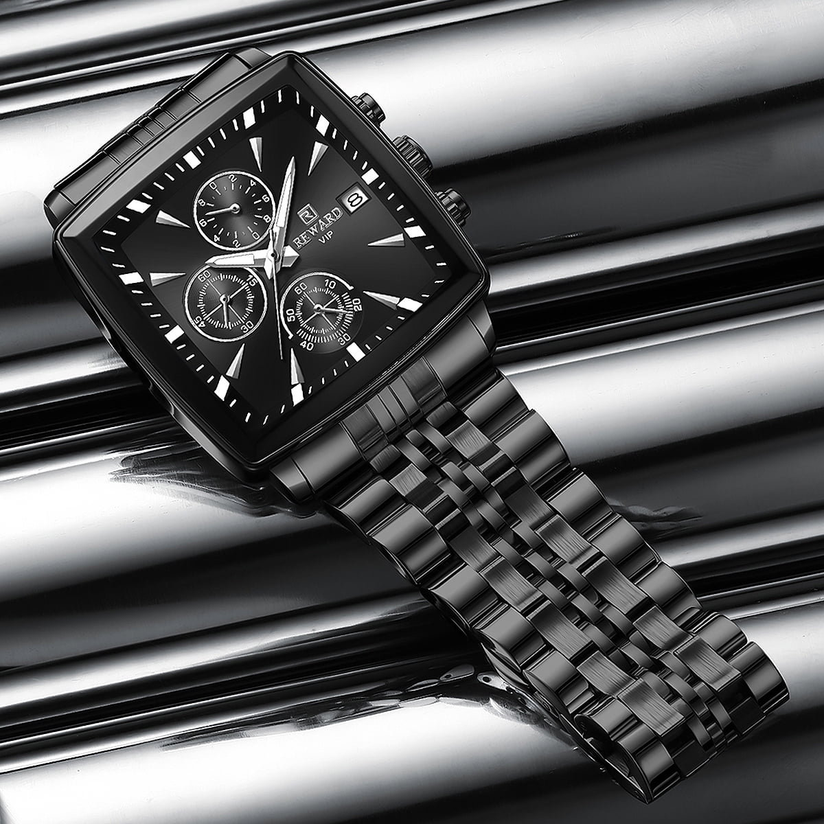 Square Watches for Men Black Stainless Steel Chronograph Fashion Business Watch Luminous Waterproof Casual Wrist Watches