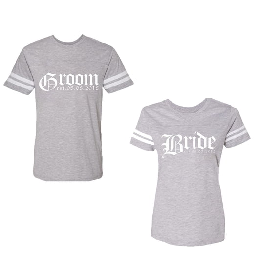 Broom Bride Unisex Couple Matching Cotton Jersey style T-Shirt Contrasting stripes on sleeves (Men Heather / Women Heather) (Men S / Women L)