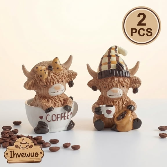 Ihvewuo 2pcs Coffee Highland Cow Figurines Decor Coffee Cow Desk Decorations Gnomes Scottish Resin Statue Calf for Home Garden Kitchen Office Tiered Tray Table