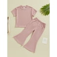thumbnail image 2 of Bslissey Toddler Little Girls 2Pcs Summer Outfits Short Sleeve Ribbed T-shirt Tops + Elastic Band Flare Pants 12M 18M 24M 3T 4T 5T Kids Casual Long Pants Sets, 2 of 9