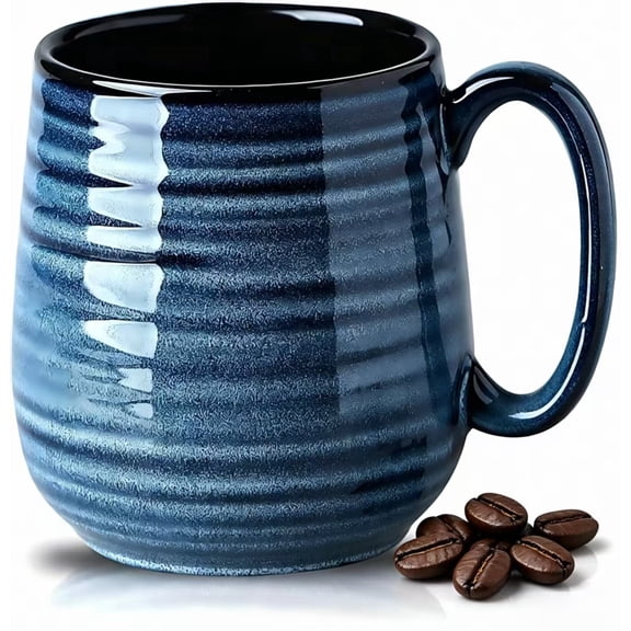 Tikooere 20 oz Ceramic Coffee Mug with Coaster, Large Coffee Cup , Microwave & Dishwasher Safe, Modern Striped Design, Ideal for Latte Tea Soup Home Office, 1 Set, Blue