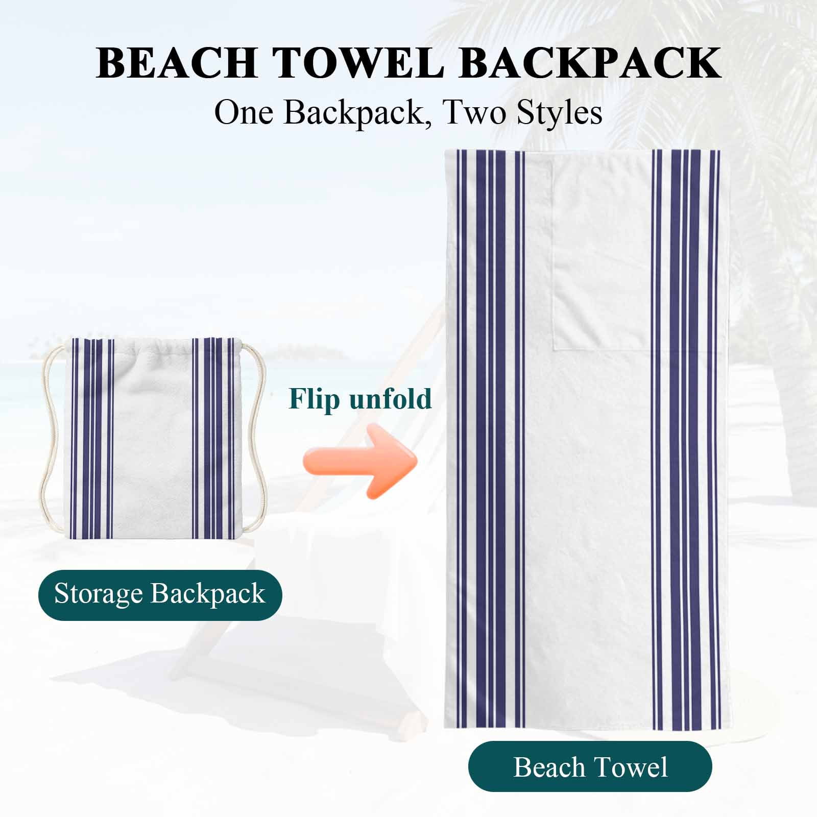 Beach Towel Bag 2 in 1 Blue Stripes Bath Pool Towels Backpack Simple Style Absorbent Beach Towel Soft Quick Dry Lightweight Packable Towels Drawstring Bag for Travel Camping Sports Yoga Gym Picnic