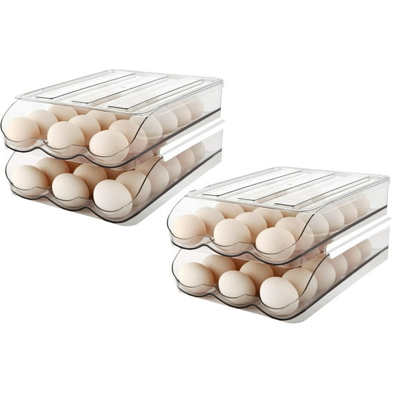 Egg Storage Container for Refrigerator – 2-Pack (Set of 2 Each, 4 Containers Total), Auto-Rolling 2-Layer Egg Holder, Stackable Clear Organizer, Holds 18 Eggs Per Layer 72 Eggs Total