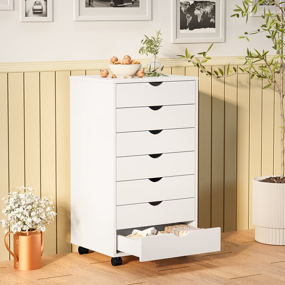 JIOABL 7 Drawer Storage Cabinet with Wheels for Bedroom, Home, Office Organization, White