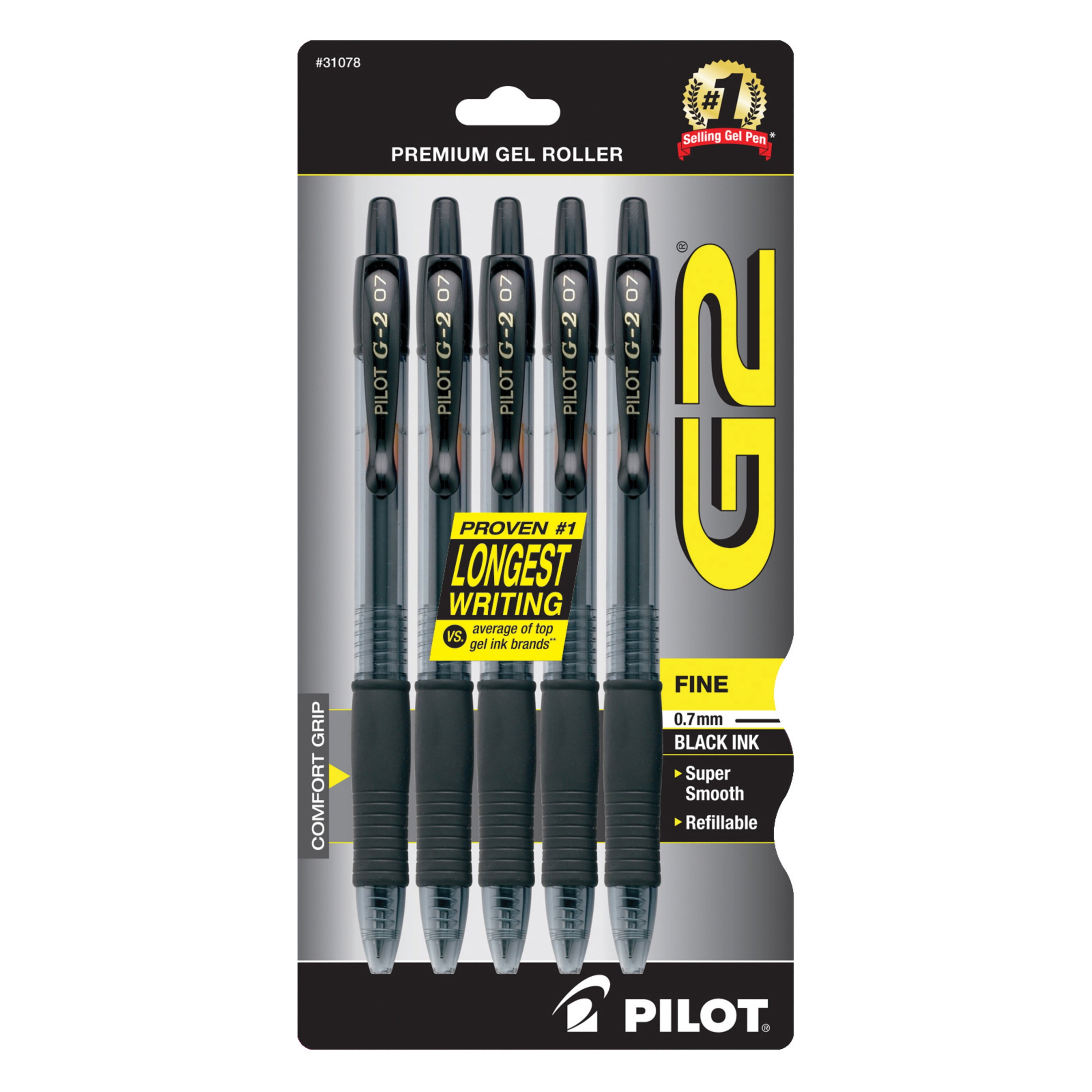 Pilot G2 Retractable Gel Ink Rolling Ball Pen Set, 5-Pen Set, Black