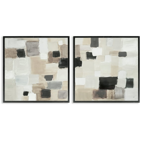 Stupell Industries Neutral Patchwork Squares Abstract Painting Black Framed Art Print Wall Art, 12 x 12, Set of 2