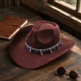 thumbnail image 3 of Qwertyu Wide Brim Western Cowboy Cowgirl Hat with Wind Lanyard Felt Fedora Hat for Men Women Coffee, 3 of 6