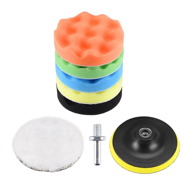 Kit de almohadillas de pulido de taladro de 5" de espuma, 5 almohadillas de esponja onduladas, 1 almohadilla de lana, 1 almohadilla de respaldo con adaptador de taladro M10