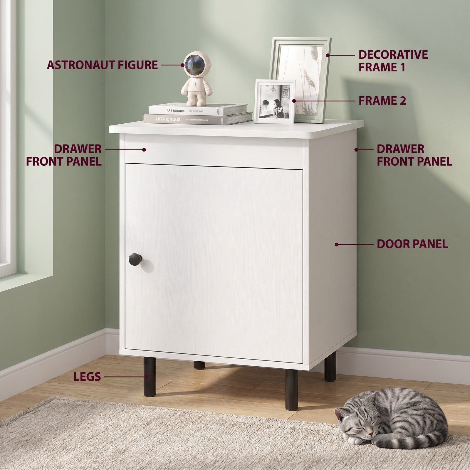 Furnibear Mid Century Nightstand with Enclosed Storage Cabinet and Open Top and Metal Legs for Bedroom and Living Room, White Bedside Table