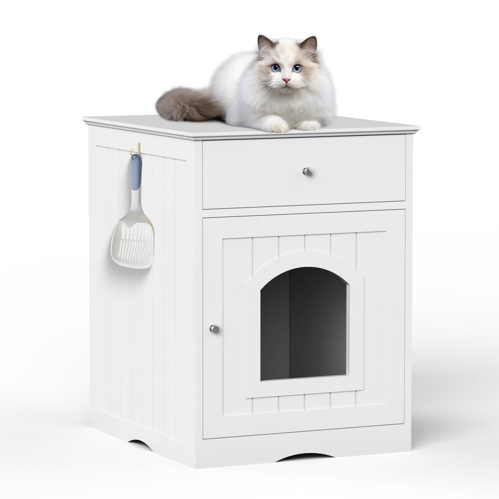 Gzxs White Cat Litter Box Furniture, Adorable Wooden Pet House Cat