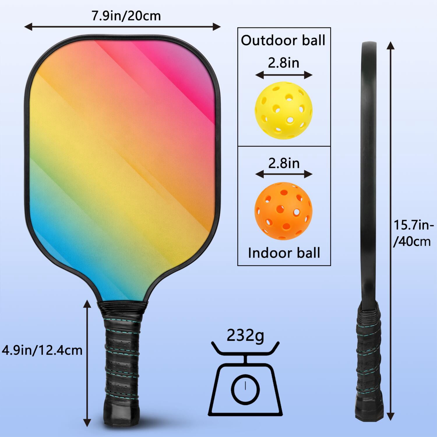 Pickleball Paddles Set Of 2, Fiberglass Surface, Vibrant Rainbow Print, 4 Balls & Bag