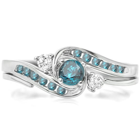 Dazzlingrock Collection 0.50 Carat (ctw) 14k Round Blue & White Diamond Swirl Bridal Engagement Ring Set, White Gold, Size 5.5
