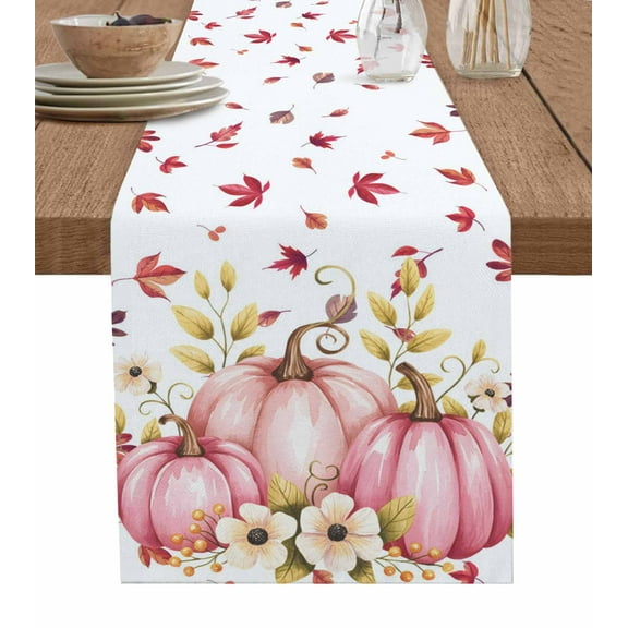 Thanksgiving Pumpkins Burlap Cotton Table Runner 18x72 Inches Long, Fall Pink Leaves Country Farmhouse Farmhouse Table Runners, Outdoor Dining Tablecloths Decor for Baby Shower/Party/Wedding
