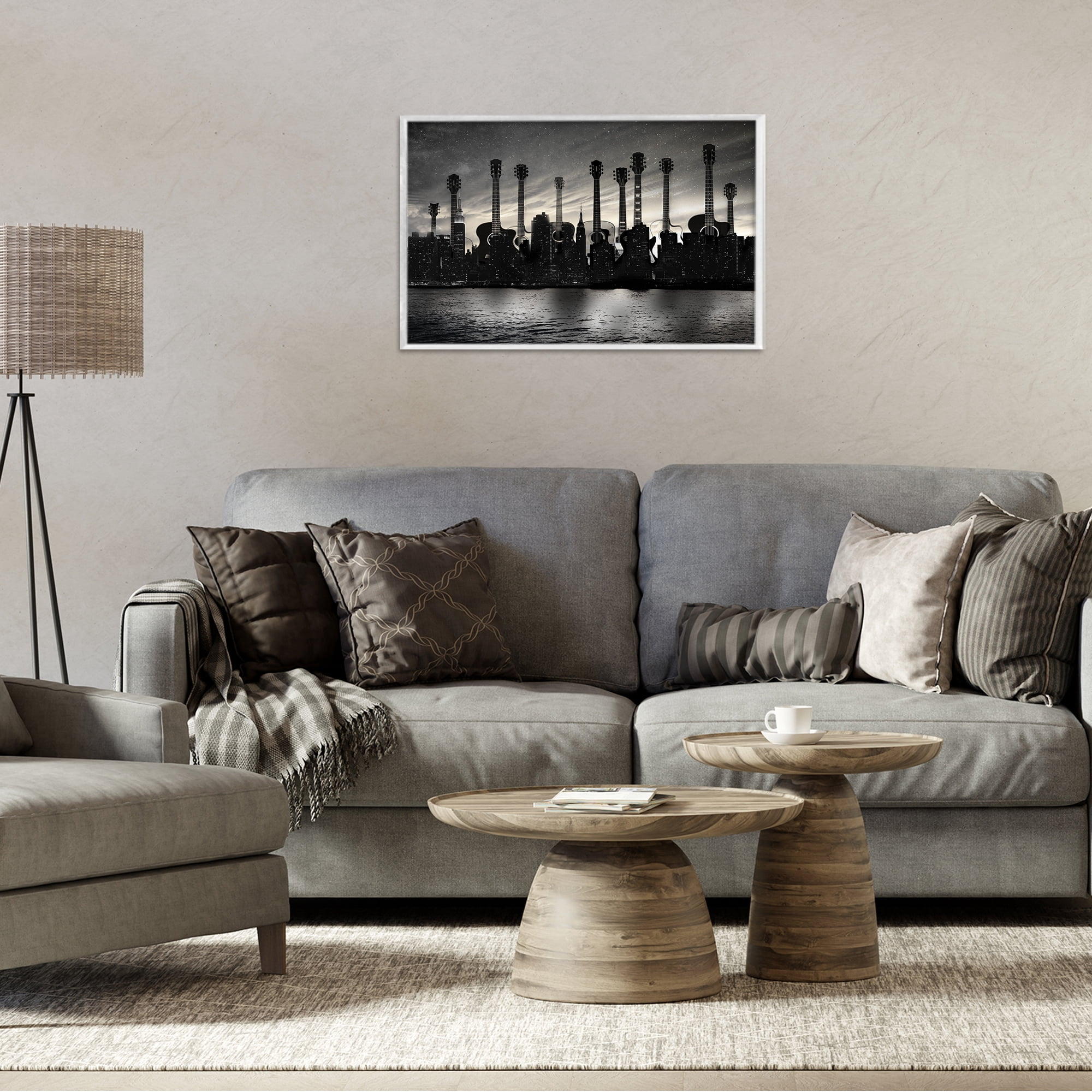 Stupell Industries Guitar Skyline Cityscape White Framed Giclee Art, design by CAD Designs
