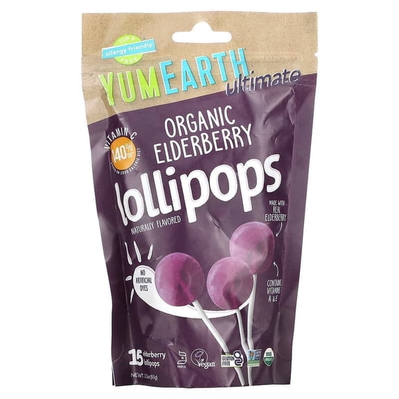 YumEarth, Ultimate, Organic Elderberry Lollipops, 15 Lollipops, 3.3 oz Pack of 4