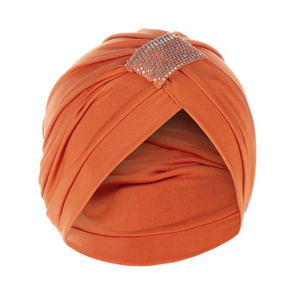 Odeerbi Headwrap for Women Solid Rhinestone India Muslim Ruffle Chemo Hat Headwear Turbans Beanie Cap Orange