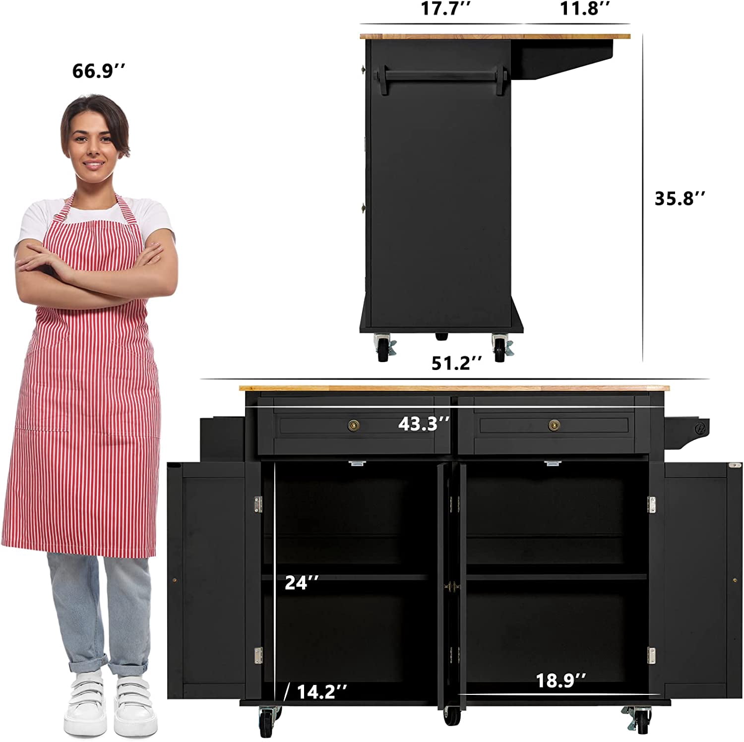 CAIDI Rolling Kitchen Islands with Adjustable Shelves, Wood Composite Black, 5.20 in