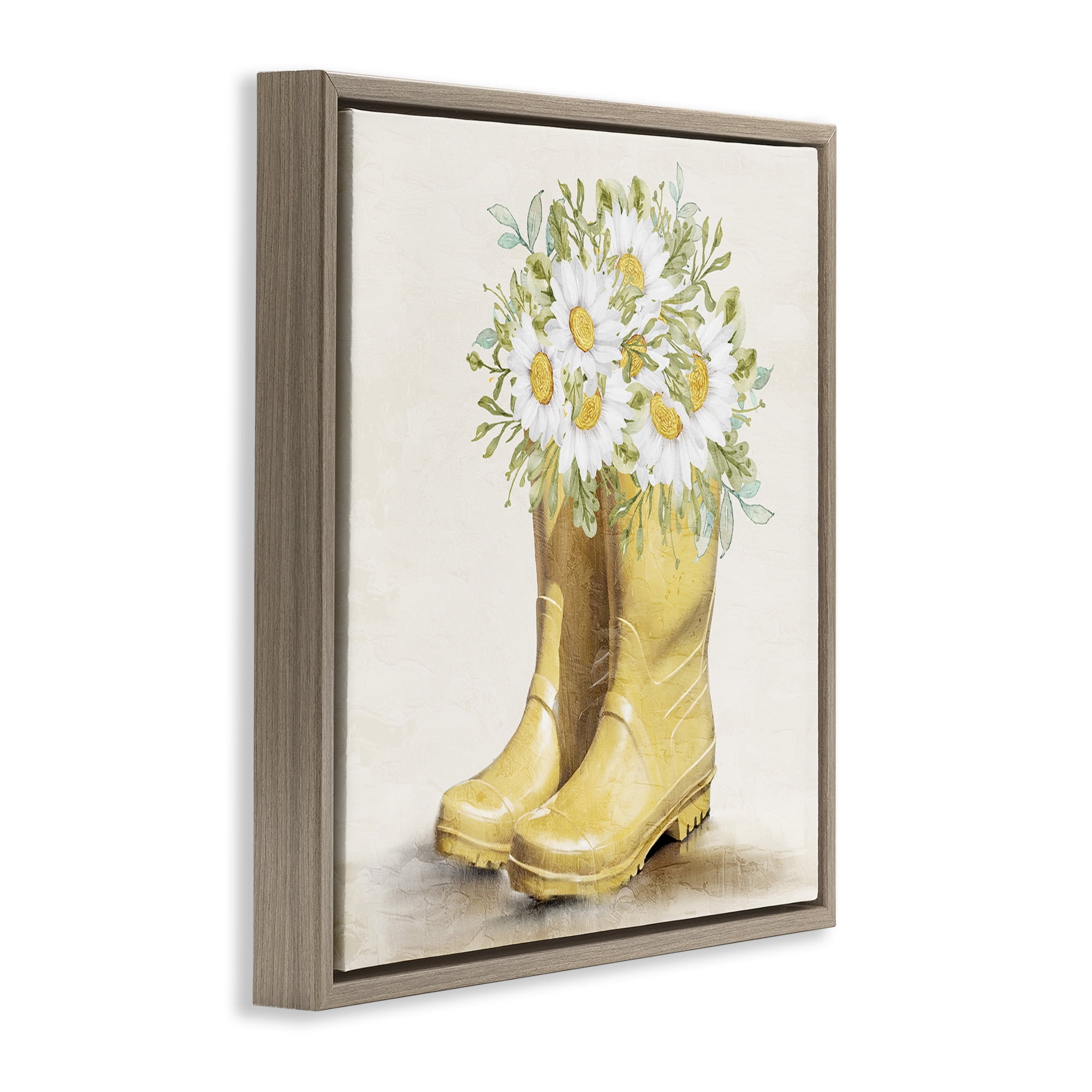 Stupell Industries Sunny Daisy Boots Botanical & Floral Painting Brown Floater Framed Canvas Art Print Wall Art, 25 x 25