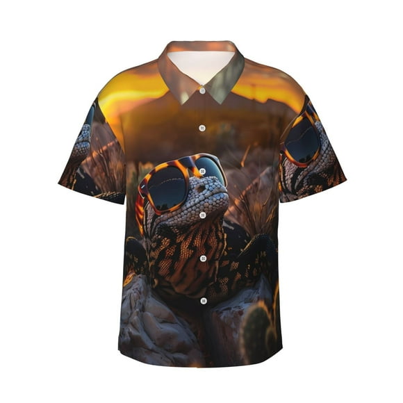 Balery Lizard With Sunglasses Sunset Camisas hawaianas de manga corta para hombre, camisas playeras de corte holgado, camisas de vacaciones con botones,3X-Large