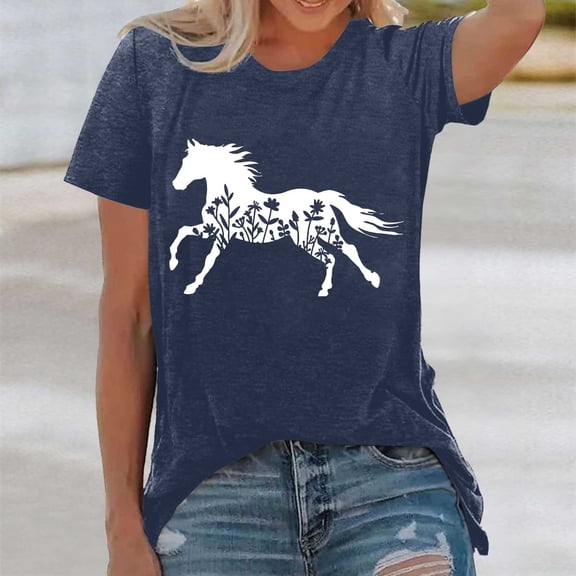Summer Tops for Women Horse Print Loose T Shirt Crew Neck Fashion Beach Vacation Tees