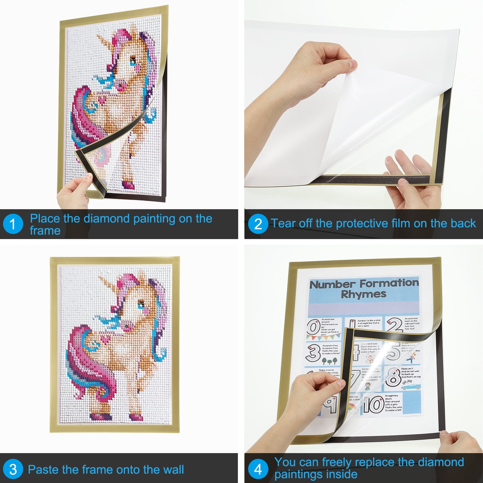 Uxcell 11.81" x 15.75" Diamond Paintings Frames, 2Pcs Diamond Art Frames Magnetic Picture Frame Self Adhesive for Refrigerator, Golden