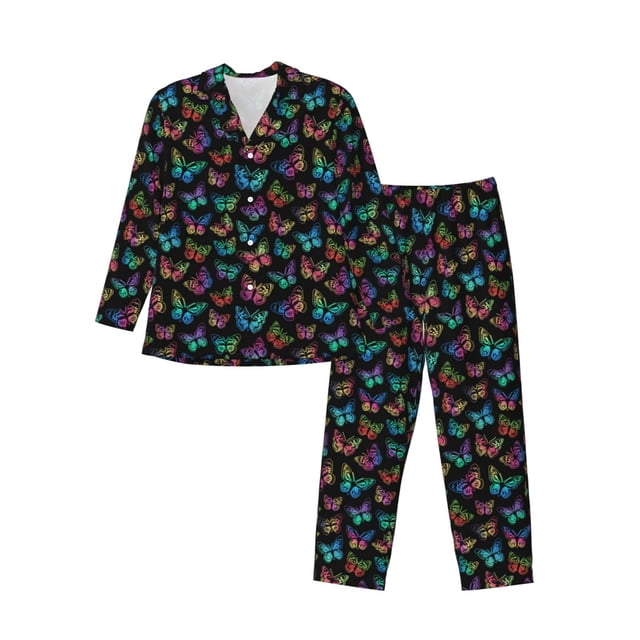 Balery Multicolored Butterflies Pijama para Hombre de Dos Piezas con Manga Larga, Conjunto de Dormir y Descanso Suave con Bolsillos-Large