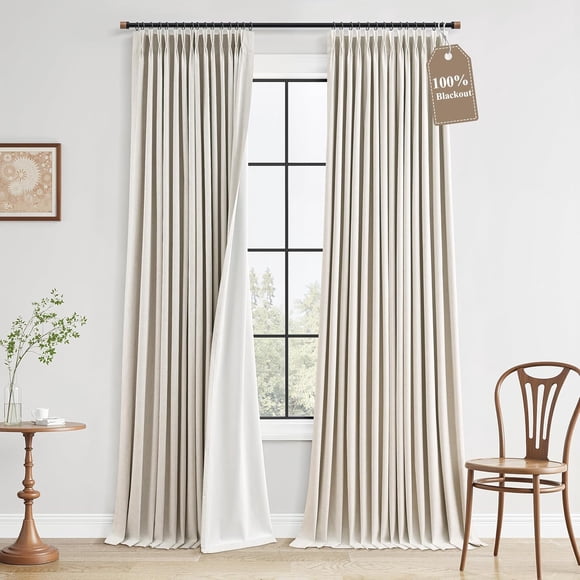 2 Panels 100 Percent Blackout Curtains 96 Inch Long Pinch Pleat Thermal Insulated Room Darkening Drapes Greige