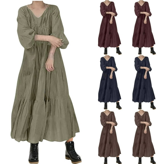Womens Fall Casual Maxi Dresses 3/4 Sleeve V Neck A Line Sundresses Fashion Vacation Beach Boho Wedding Guest Dress