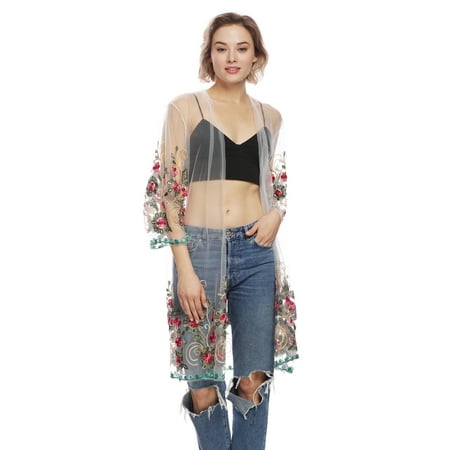 Mesh Kimono - Womens Flower Embroidery Sheer Mesh Kimono Outerwear Tunic Top for Spring Summer