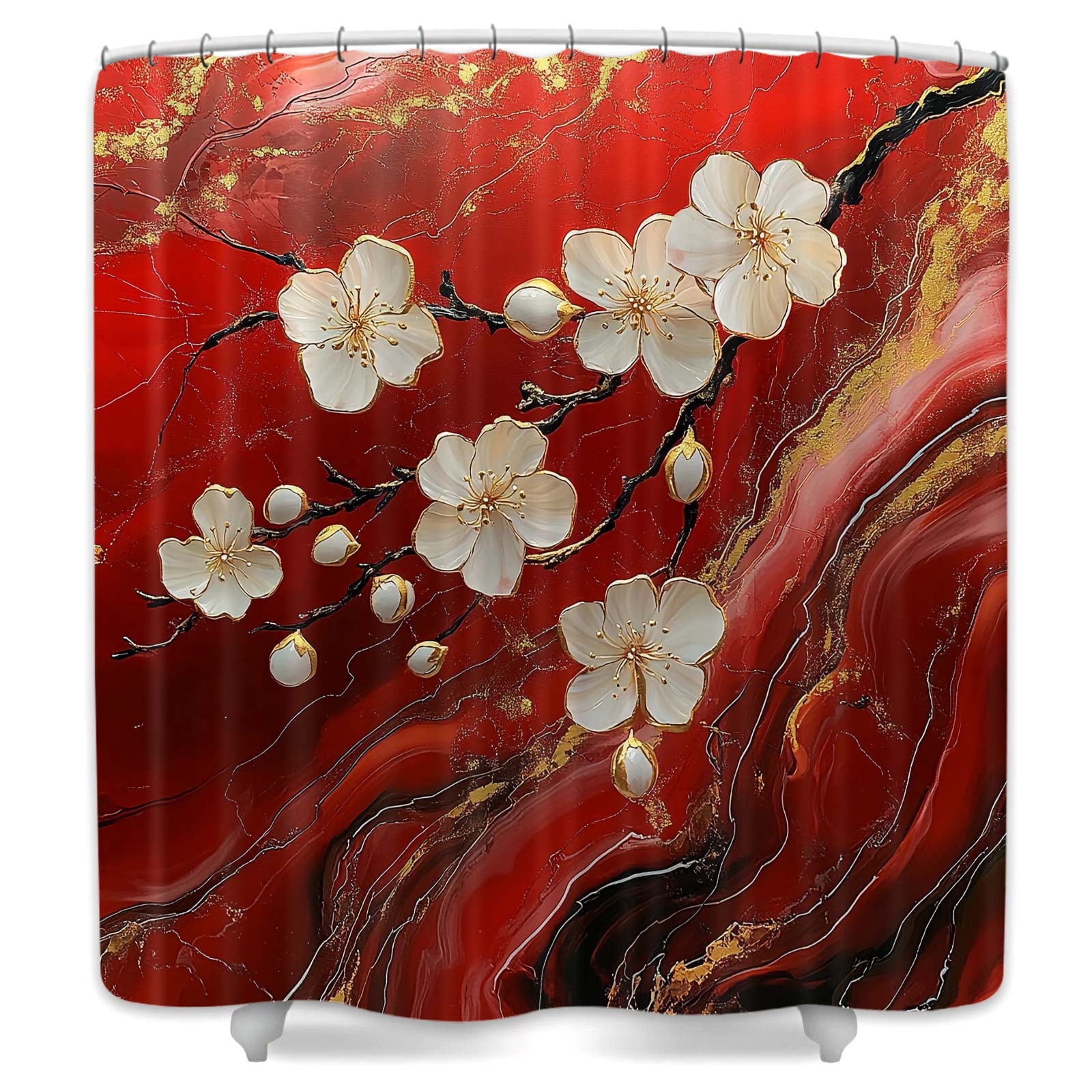 Red Shower Curtain, Abstract Red Marble 3D Floral Modern Luxury Shower Curtain Set for Bathroom, Waterproof Fabric Marble Bath Curtains with Hooks,72X72IN