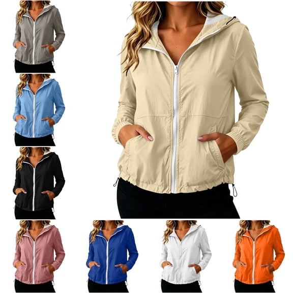 RQYYD Womens Running Jacket Zip Up Hooded Long Sleeve Lightweight Windbreaker with Pockets