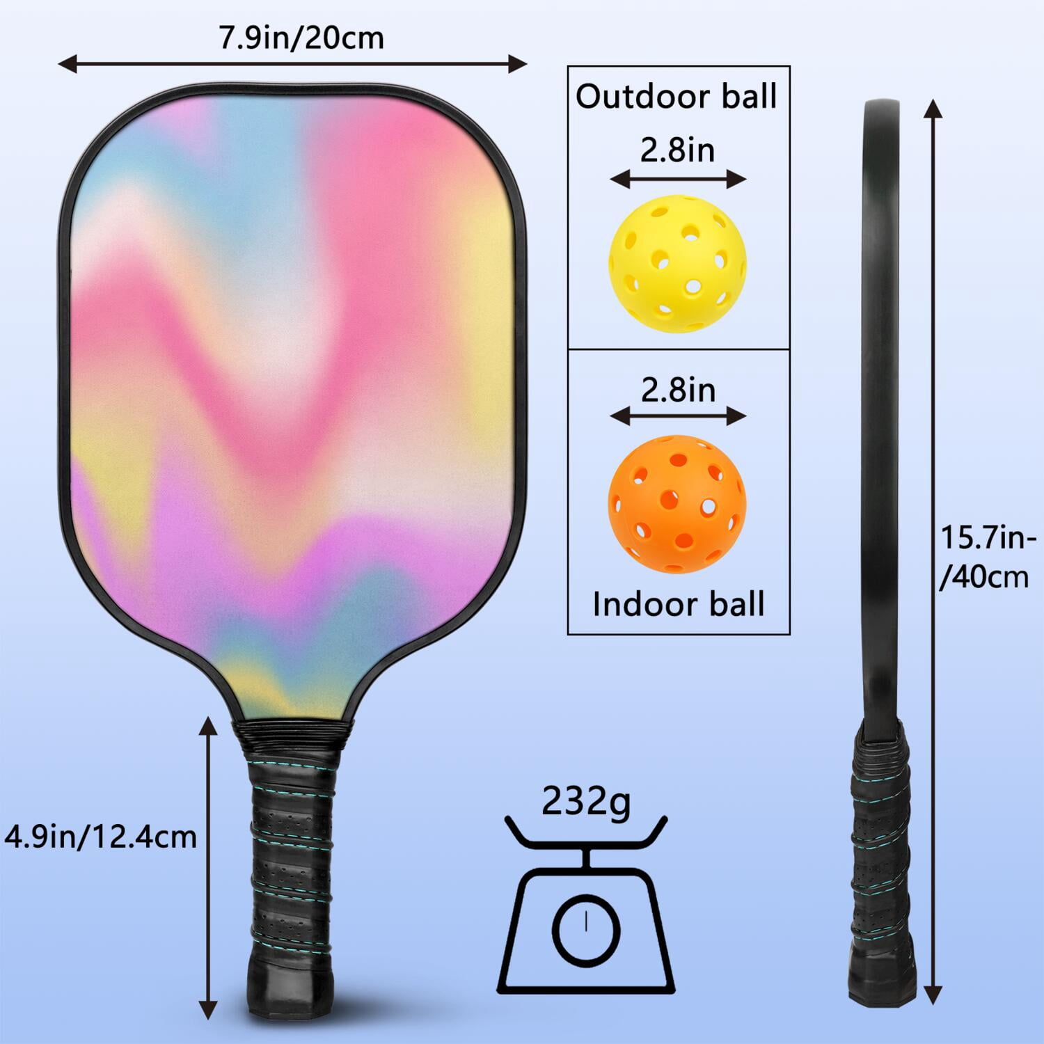 Pickleball Paddles Set Of 1, Fiberglass Surface, Vibrant Rainbow Print, 1 Paddle, 2 Balls & Bag
