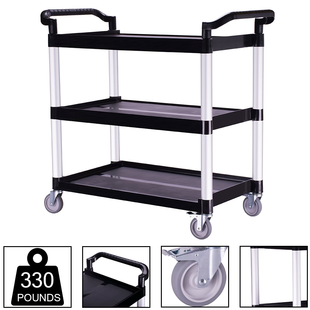 3-Tier Rolling Service/Push Cart Black for Foodservice/ Restaurant/ Cleaning 