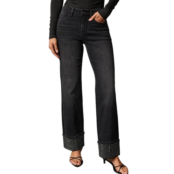 Women'S High Waisted Straight Leg Jeans Rhinestone Sparkle Stretch Trendy Streetwear Jeans Black L