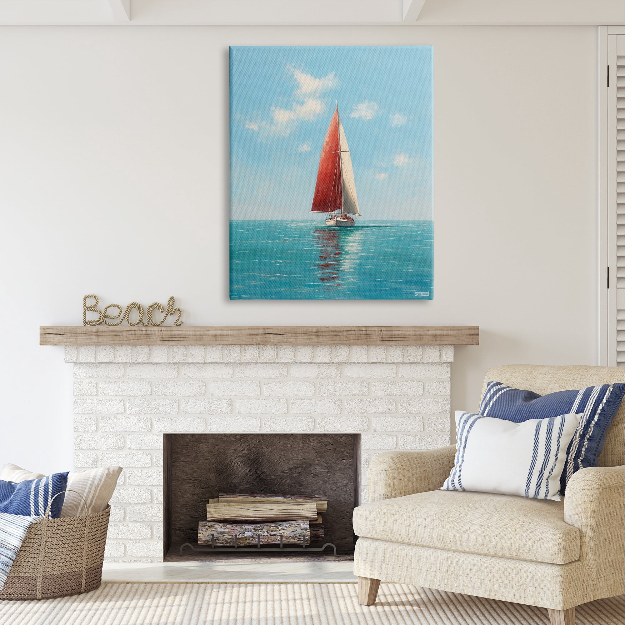 Stupell Industries Red Sailboat on Sea Transportation Painting Gallery Wrapped Canvas Art Print Wall Art, 36 x 48