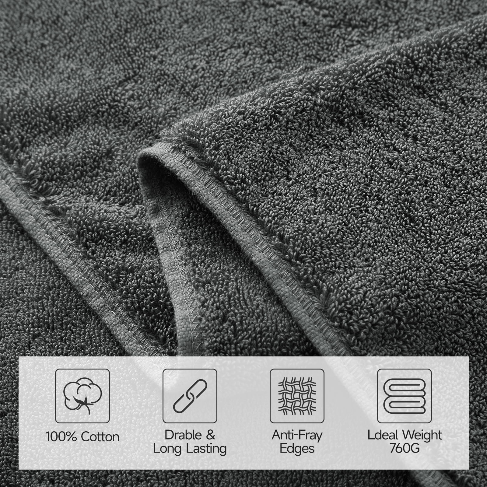 REDKISS 100% Cotton Bath Towels Set 2 Pack, 31x63 760GSM Luxury Dark Gray Towels. Shower Towels for Bathroom, Hotel Quality Toallas Para Baño.
