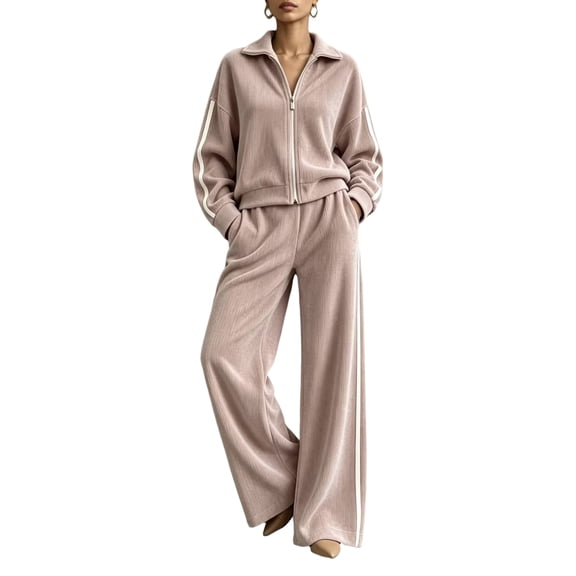 Szluipve 2 Piece Sets for Women 2 Piece Tracksuit Outfit Striped Side Zip‑Up Collar Jacket & Wide Leg Pants Set Ribbed Knit Casual Loungewear Suit for Daily Vacation Pink M