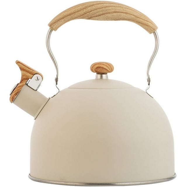 Teteras con silbido de 2,5 L con mango de nailon con ajuste de veta de madera, tetera con base de cápsula, color blanco (blanco)