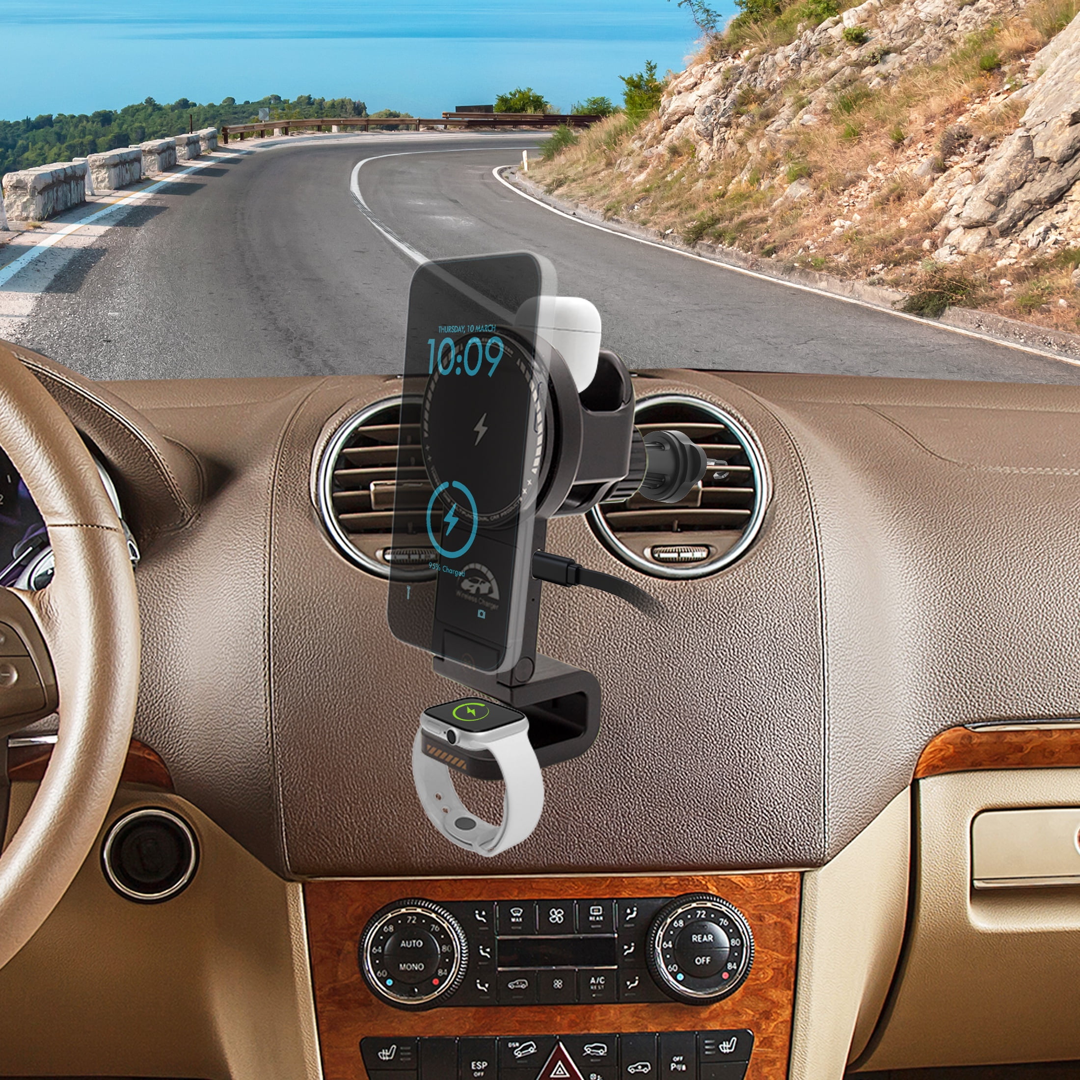 3-in-1 Magcharge Car Mount With Wireless Charging for Phone, Airpods and iWatch