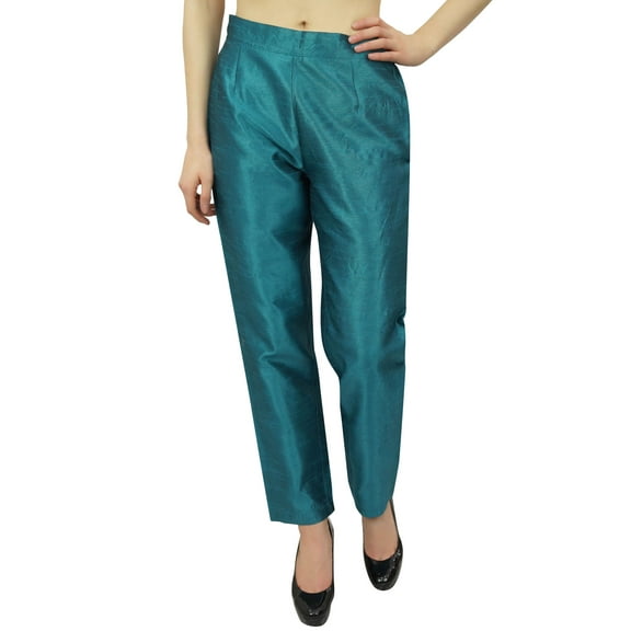 Phagun Women's Green Dupion Pants High Waist Narrow Bottom Trousers-Small