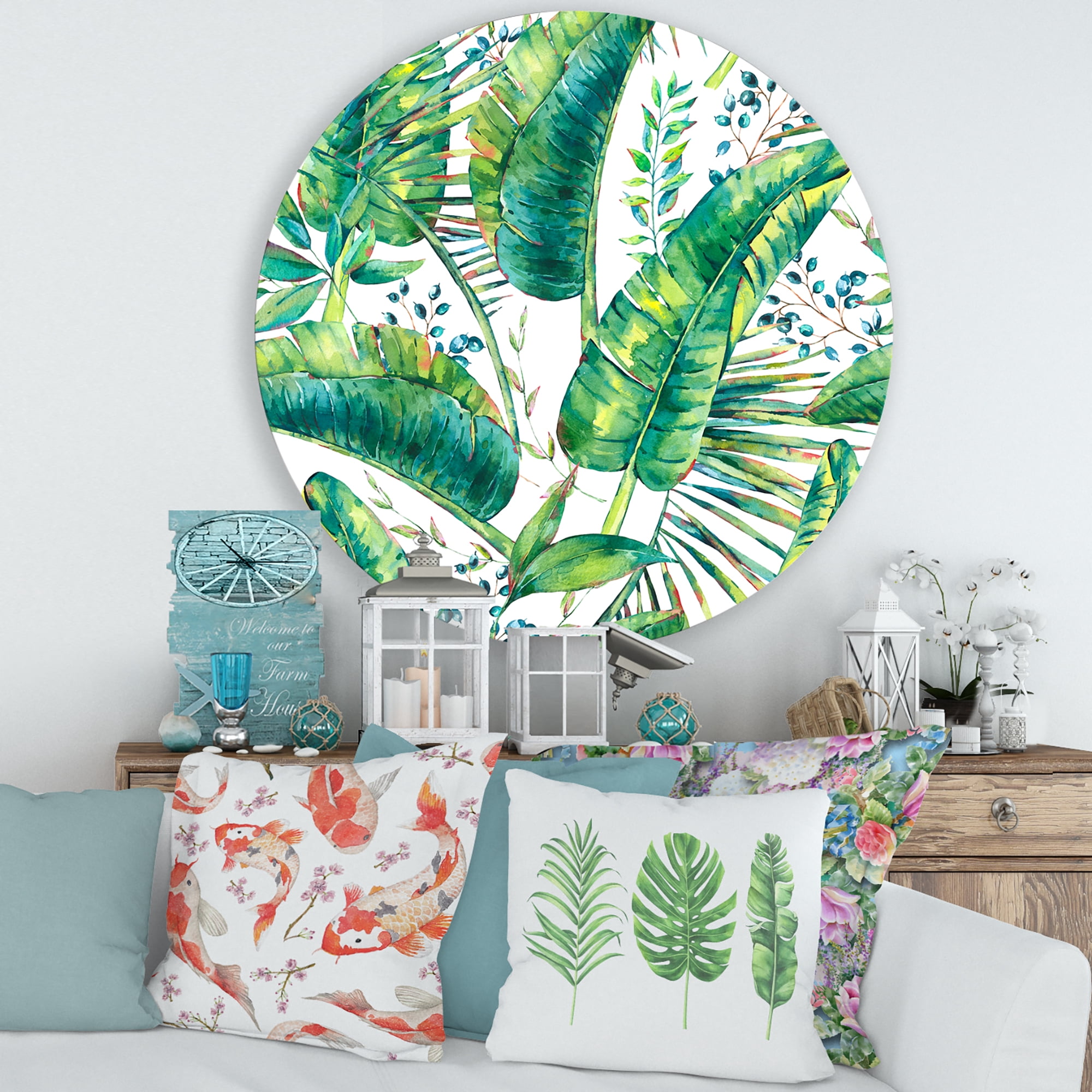 Designart 'Ancient Pattern Of Banana Leaves' Lake House Circle Metal Wall Art 36x36 - Disc of 36