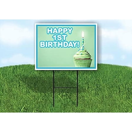 Work House Signs Double Sided Sign Happy 1ST Birthday Green Cupcake Yard Sign Road Sign with Stand